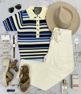 MILLIE COBALT STRIPE COLLARED HENLEY TOP