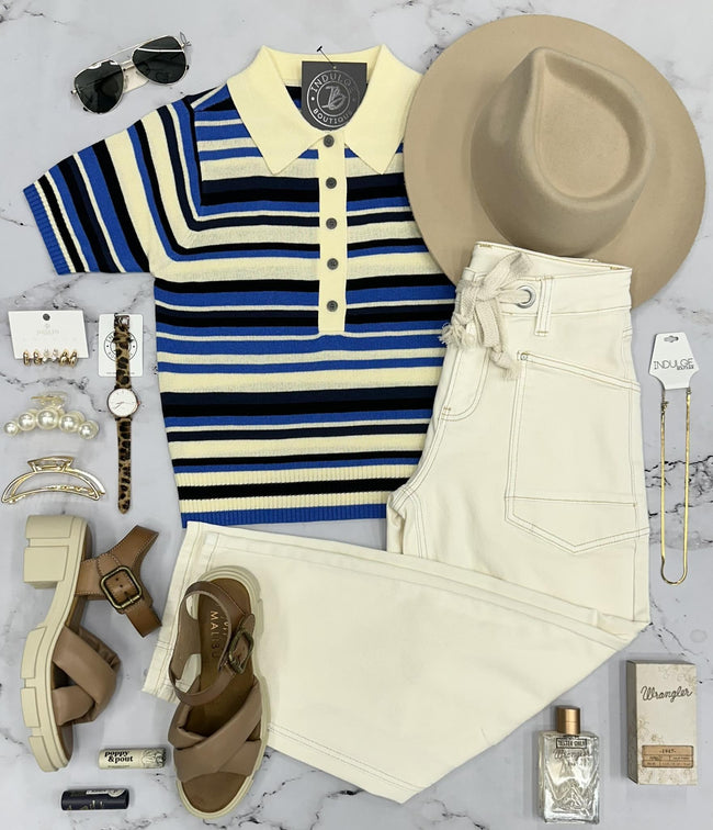 MILLIE COBALT STRIPE COLLARED HENLEY TOP