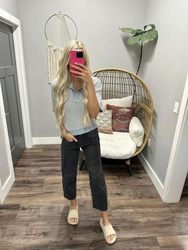 JAX DUSTY BLUE COLLARED SWEATER TOP