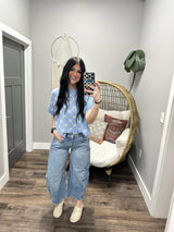 STEPHANIE BLUE AND IVORY BOW SWEATER TOP