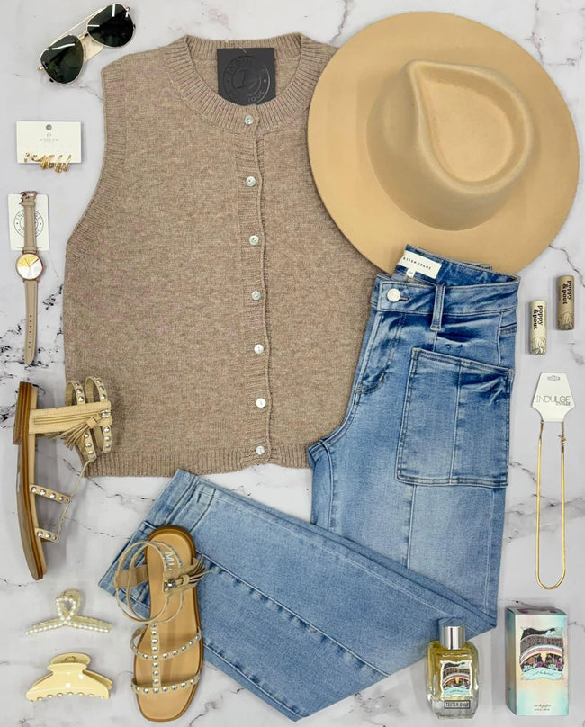 FARRAH OATMEAL BUTTON UP CARDIGAN TOP