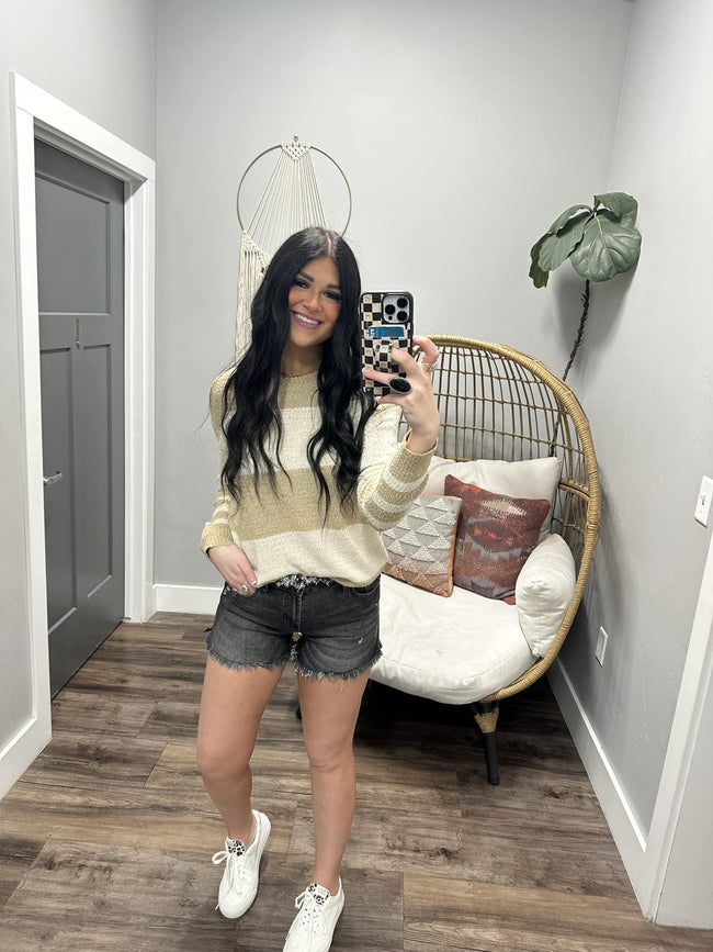 JUDIE COLORBLOCK CREAM AND TAUPE STRIPE SWEATER TOP