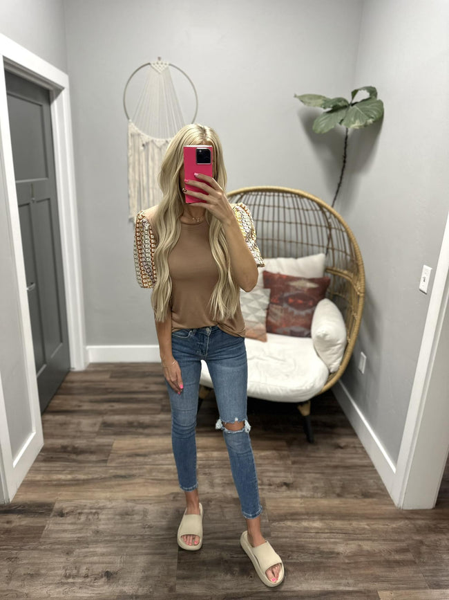 ALLISON MOCHA CROCHET DETAIL SLEEVE BLOUSE