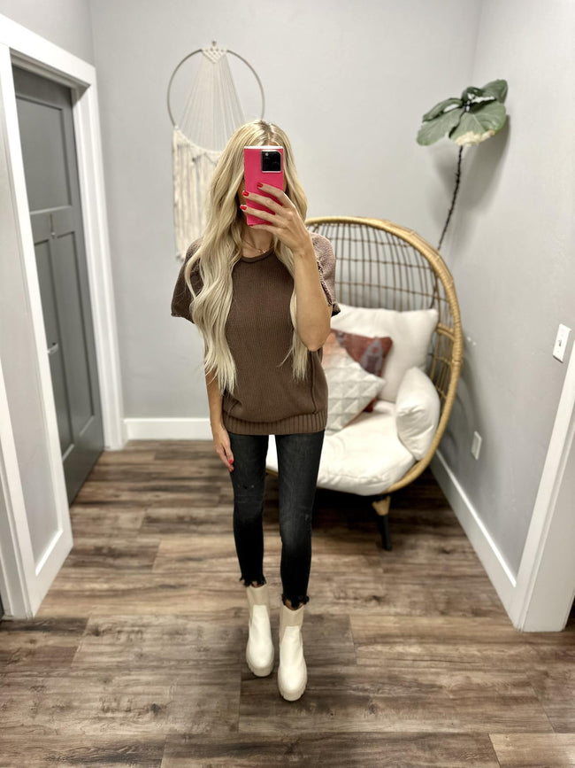 HARTLY MOCHA BROWN SHORT SLEEVE KNIT TUNIC SEAM SWEATER TOP