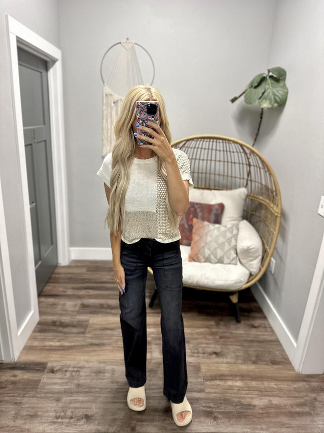 BECCA CREAM AND MOCHA COLORBLOCK KNIT SWEATER TOP
