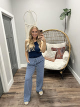 TAISLEY NAVY STRIPE TIE FRONT WIDE LEG PANT