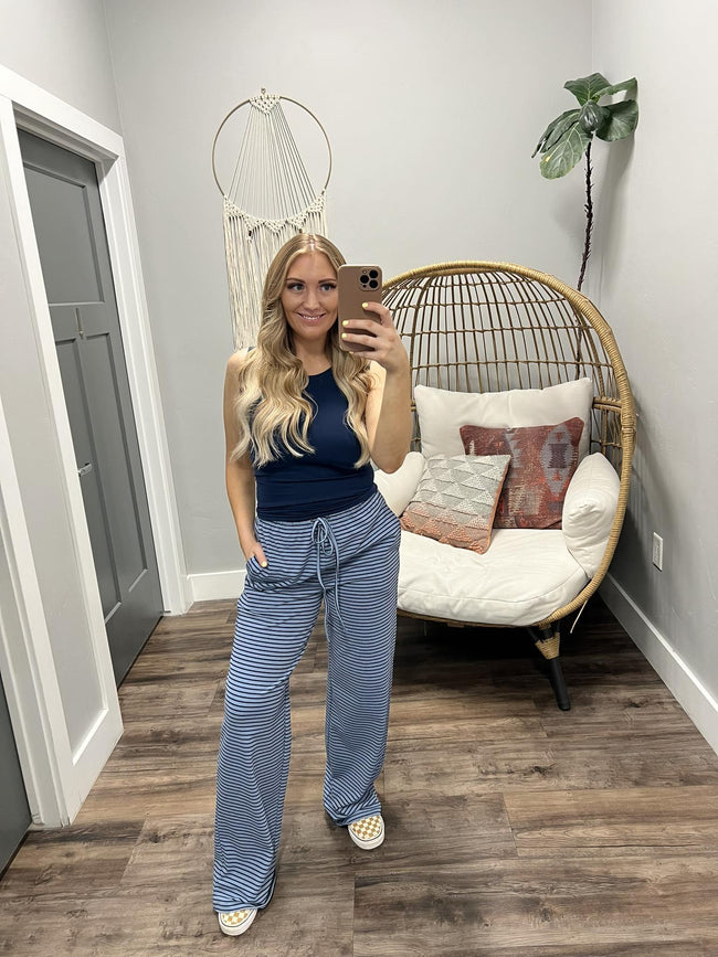TAISLEY NAVY STRIPE TIE FRONT WIDE LEG PANT