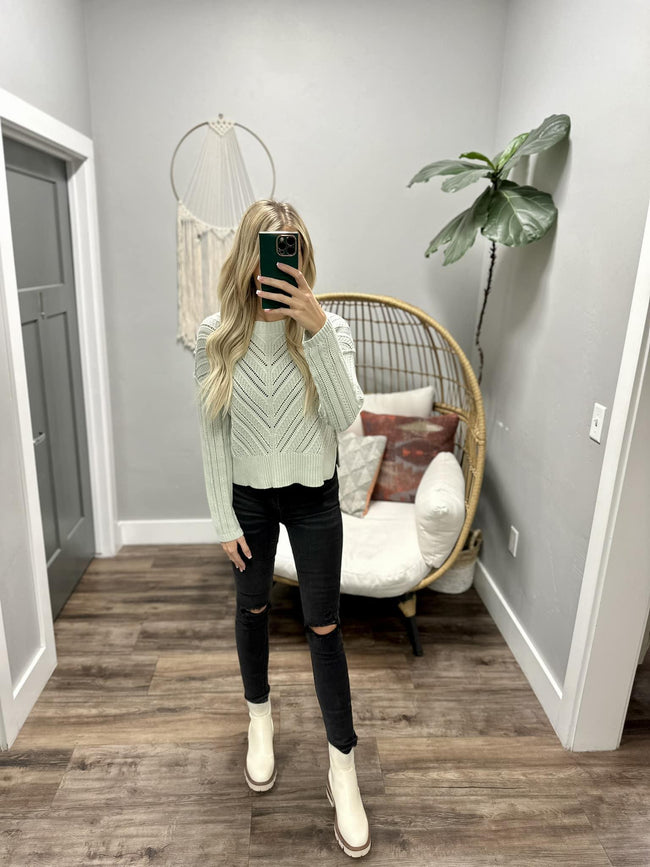 BRIELLE SEAFOAM POINTELLE KNIT SWEATER TOP
