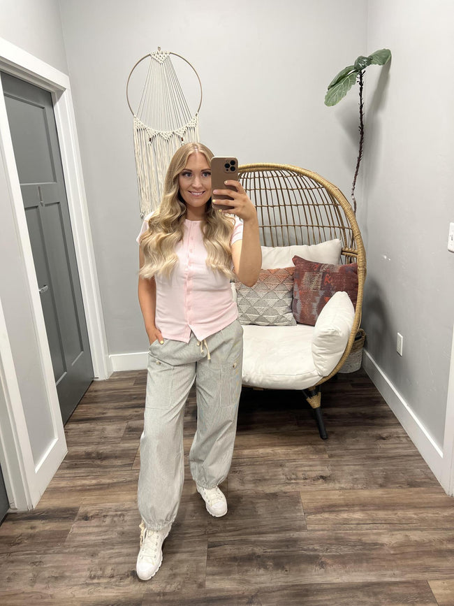 JUDY PALE PINK SHORT SLEEVE HENLEY TOP