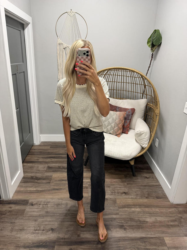 REGINA CREAM AND CHOCOLATE STRIPE SCALLOP TOP
