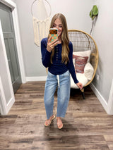 JENNIE NAVY BUTTON UP HENLEY TOP