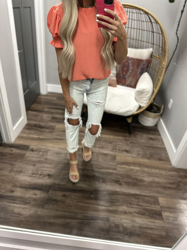 TRINA CORAL SMOCKED SLEEVE BLOUSE