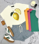 IVORY LEMON SLICE KNIT SHORT SLEEVE SWEATER TOP