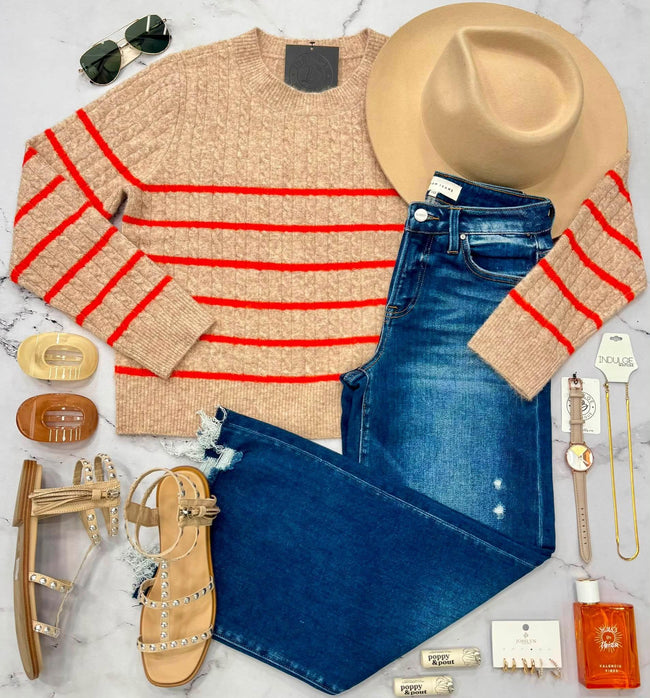 KELSEY MOCHA ORANGE STRIPE SWEATSHIRTS TOP