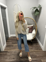 LINDSAY TAUPE RIBBED STRIPE CONTRAST LONG SLEEVE TOP