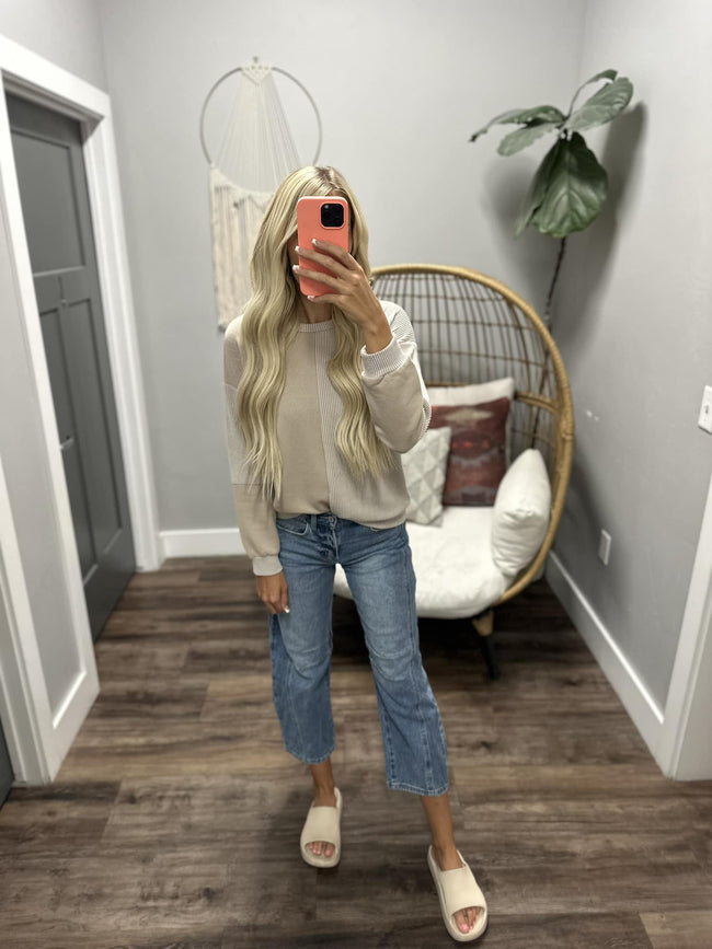 LINDSAY TAUPE RIBBED STRIPE CONTRAST LONG SLEEVE TOP