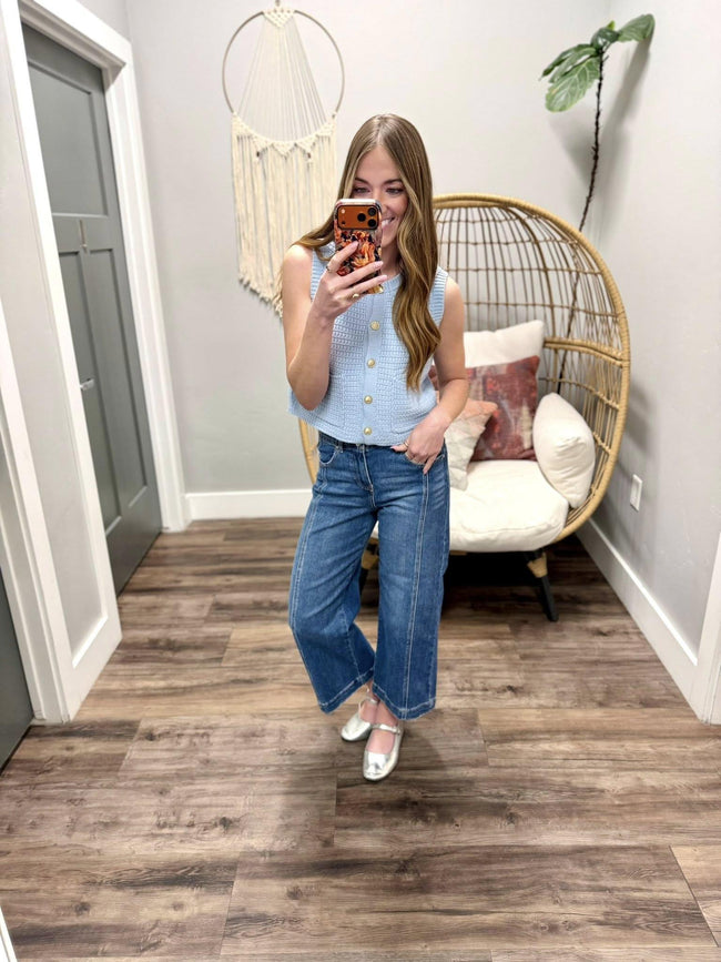 SUTTON BABY BLUE BUTTON FRONT SWEATER TOP