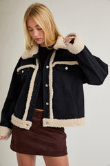 HOLLIE FUR CONTRAST BLACK WASHED DENIM JACKET