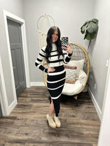ARIA BLACK AND IVORY STRIPE SWEATER DRESS
