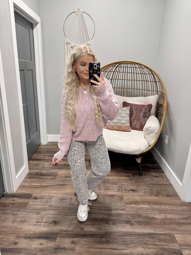 TEXI WASHED MAUVE CABLE KNIT SWEATER TOP