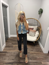 NORA QUILTED LIGHT DENIM FLORAL VEST