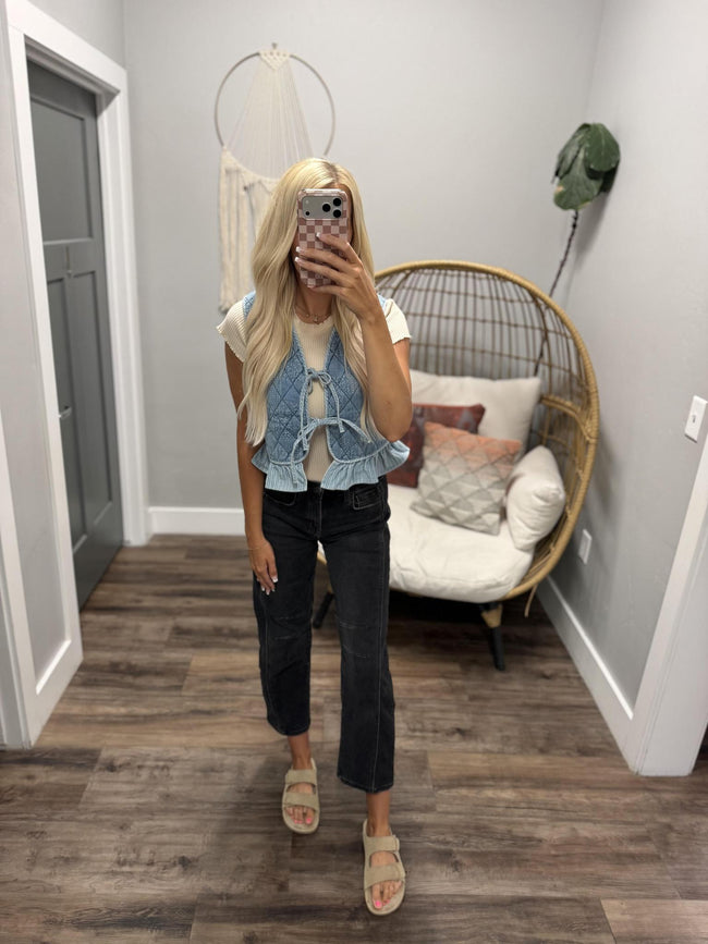NORA QUILTED LIGHT DENIM FLORAL VEST