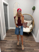 KARLA WINE RAW EDGE BUTTON UP SHORT SLEEVE CARDIGAN TOP