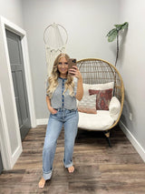 SHANDEE NAVY STRIPE BUTTON UP SHORT SLEEVE TOP