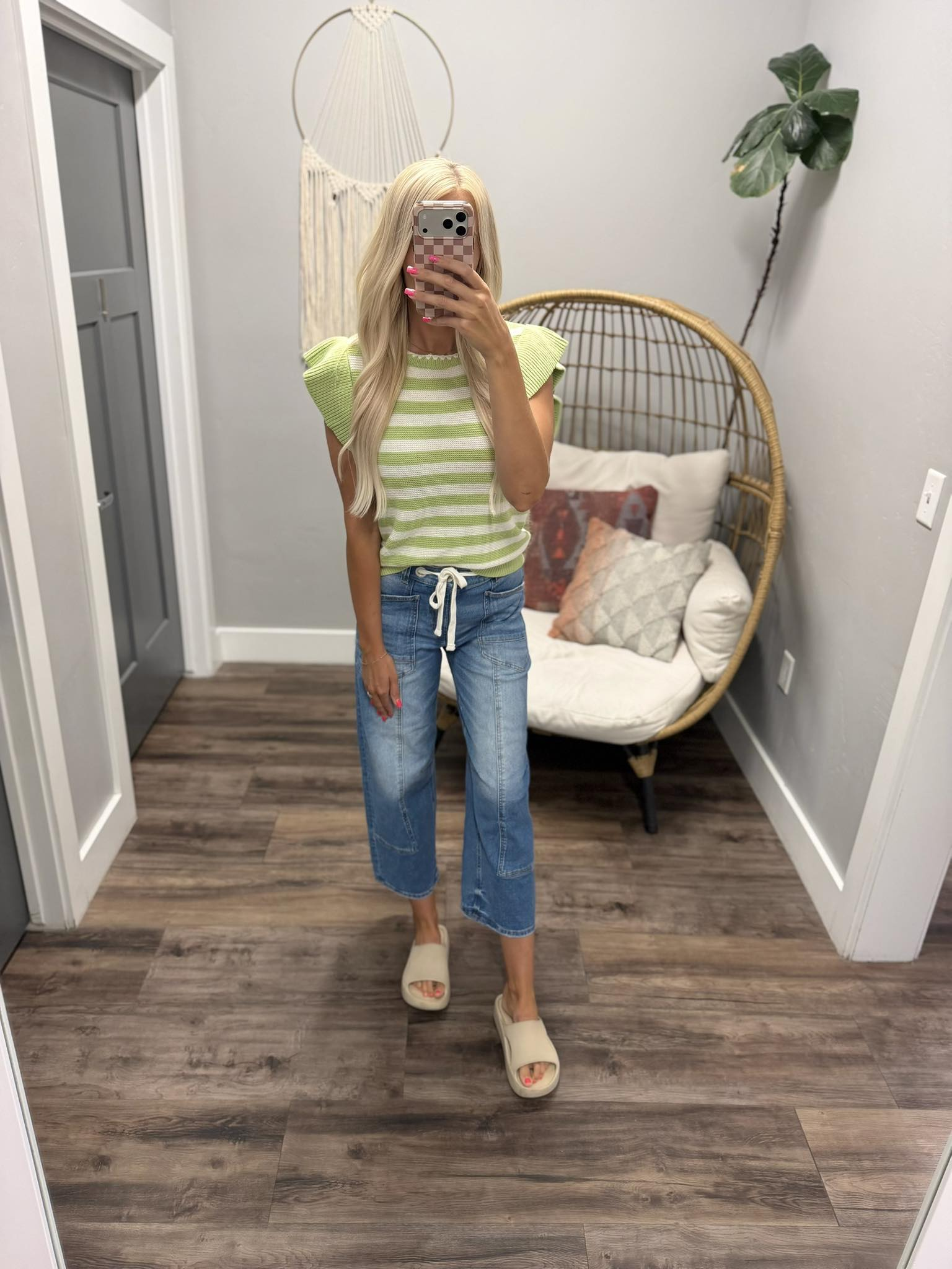 SASHA SOUR APPLE RUFFLE KNIT STRIPE SWEATER TOP
