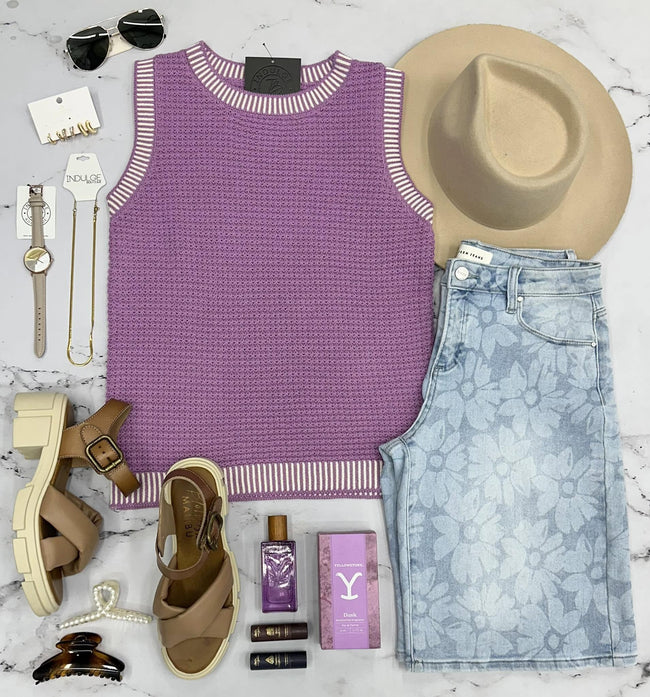 HAVEN PURPLE STITCH DETAIL KNIT BUTTON SWEATER TOP