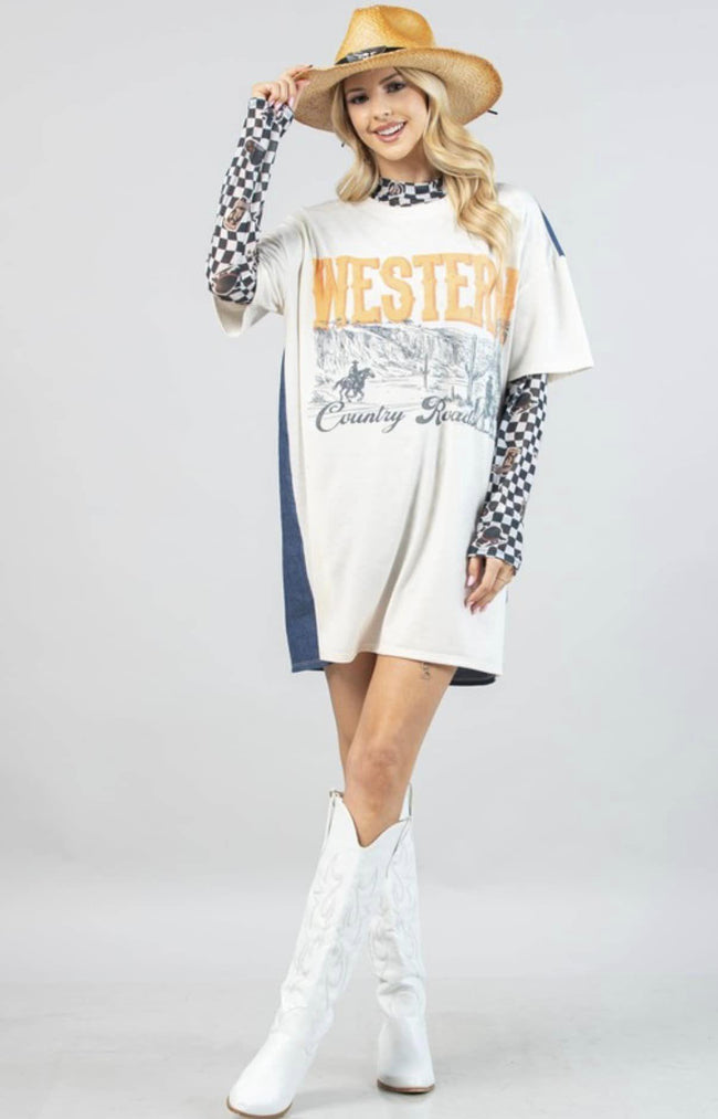WESTERN COWBOY ROADS CREAM AND DENIM BLUE BACK TEE DRESS
