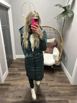 METALLIC HUNTER LONG PUFFER COAT W/DETACHABLE HOOD