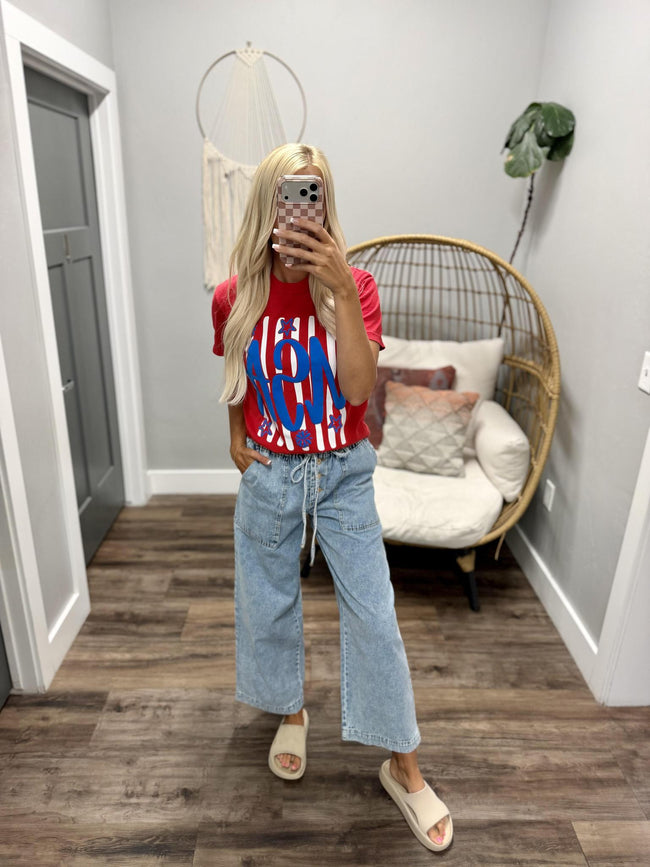 KAMI HIGH WAIST WIDE KEG DRAWSTRING DENIM PANTS