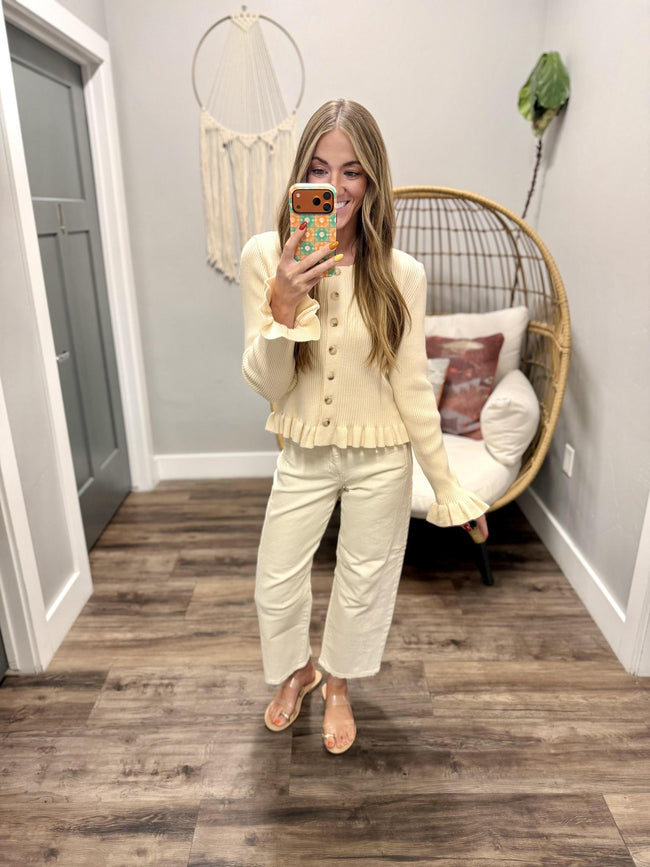 ELLIE CREAM RUFFLE DETAIL CARDIGAN TOP