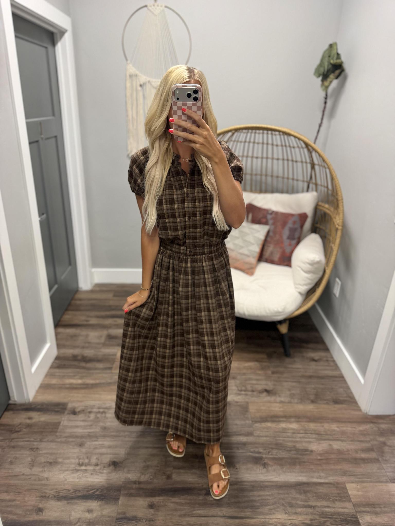 GATHERED HEM TOP IN WINTER HEARTH PLAID