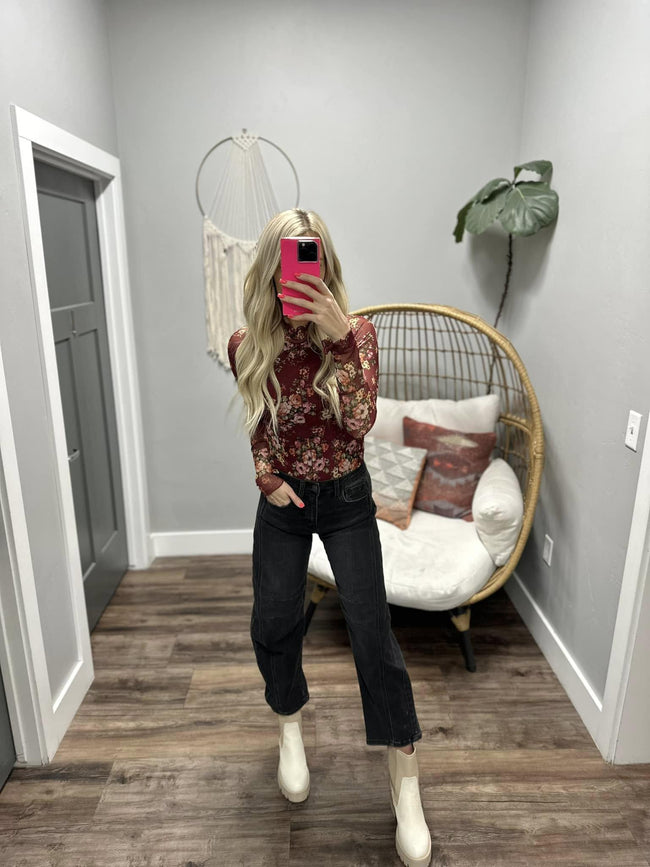 TYLA BURGUNDY LONG SLEEVE FLORAL MESH TOP