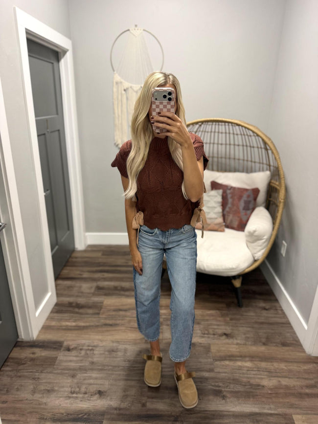 IRENE CHOCOLATE FUDGE SIDE TIE SWEATER TOP