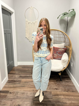 TINA BLUE SCALLOP SHORT SLEEVE SWEATER TOP