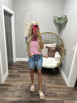 LIV PINK TRI COLORBLOCK RIBBED SHORT SLEEVE TEE