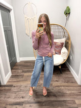 JENNIE WASHED BERRY BUTTON UP HENLEY TOP