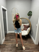 BAYLEE HIGH RISE PEAKABOO POCKET DENIM SHORTS