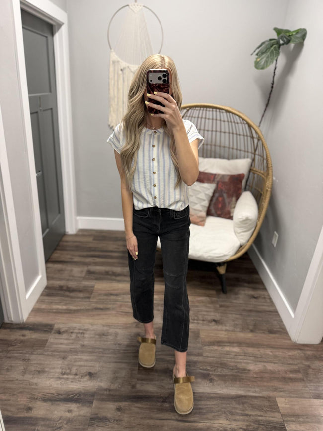 LINDA BLUE STRIPE BUTTON UP BLOUSE TOP