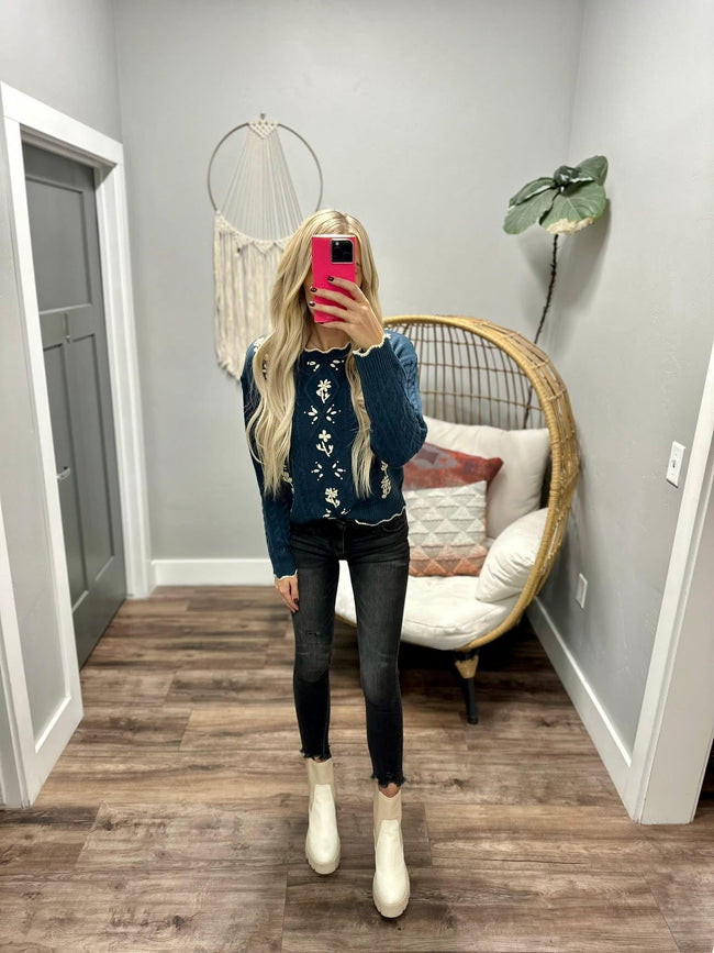 TARA NAVY EMBROIDERED FLORAL DETAIL SWEATER TOP