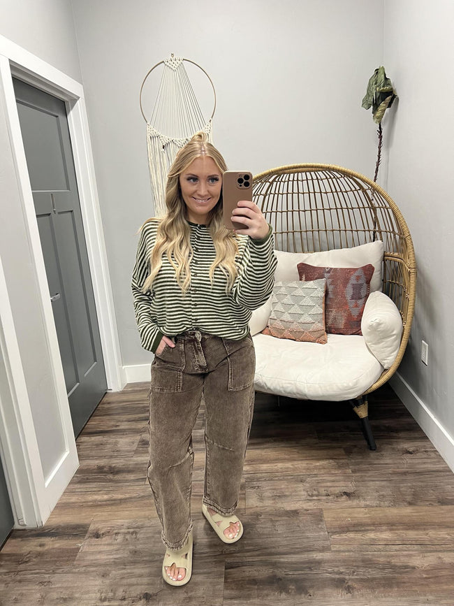 ANDREA OLIVE STRIPE CARDIGAN TOP