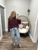 SARA BURGUNDY IVORY POLKA DOT PULLOVER SWEATER TOP