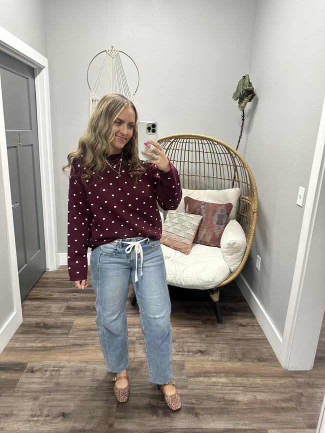 SARA BURGUNDY IVORY POLKA DOT PULLOVER SWEATER TOP