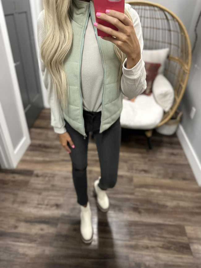 SAGE HERRINGBONE ZIP VEST