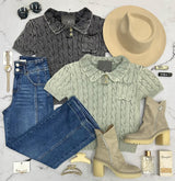 ANGIE WASHED GREEN CABLE KNIT HENLEY SWEATER TOP