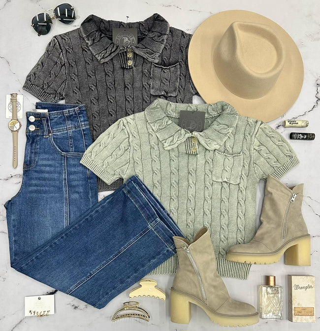 ANGIE WASHED GREEN CABLE KNIT HENLEY SWEATER TOP