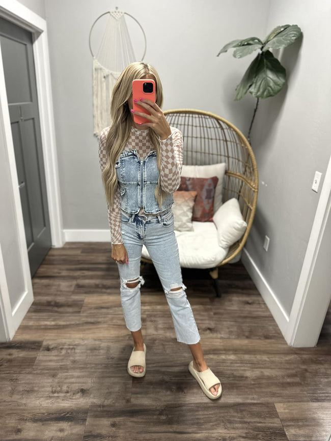 PRISCILLA LIGHT DENIM CORSET ZIP FONT TANK TOP